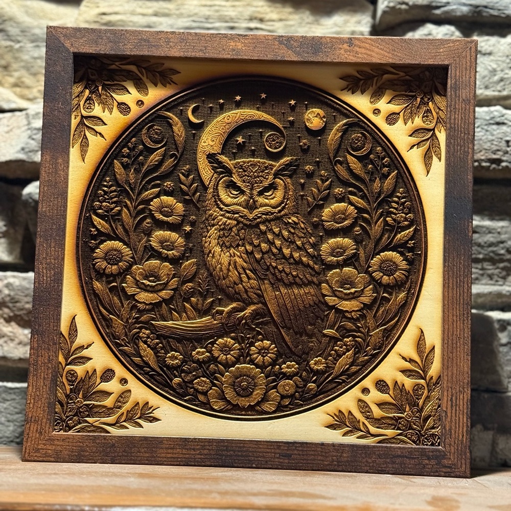 Owl and Moon Engraved Wall Art Framed